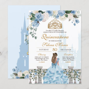 Invitation Cendrillon Bleu Roses & Or Princesse Quinceañera