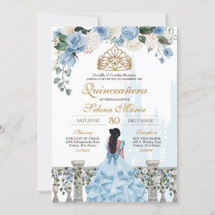 Invitation Cendrillon Bleu Roses & Or Princesse Quinceañera