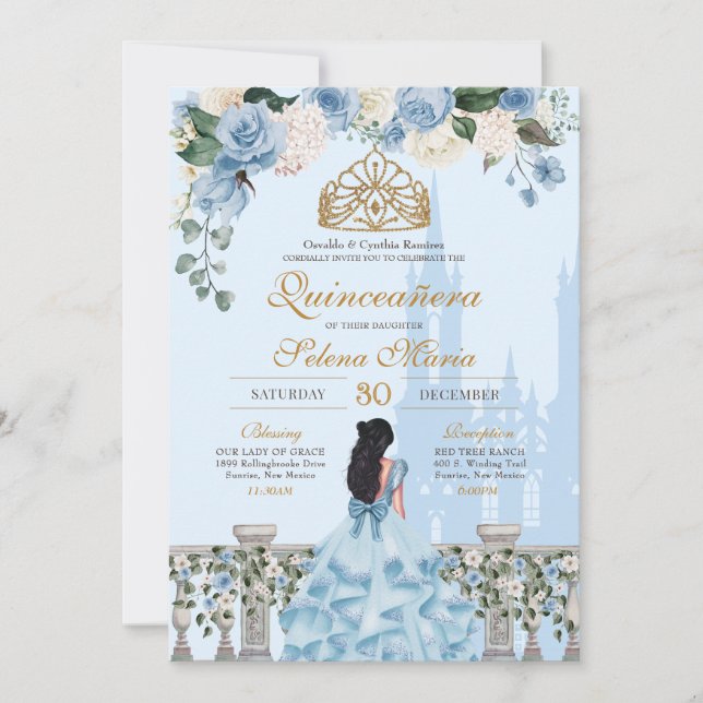 Invitation Cendrillon Bleu Roses & Or Princesse Quinceañera (Devant)