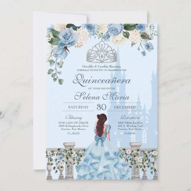 Invitation Cendrillon Bleue Rose Argent Princesse Quinceanera (Devant)
