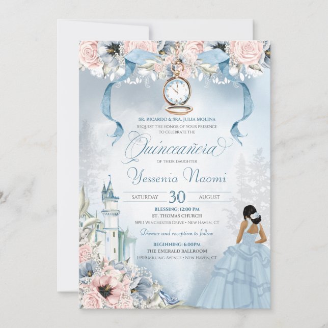 Invitation Cendrillon Fairy Tale Bleu rose Floral Quinceanera (Devant)
