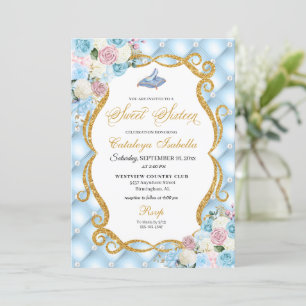 Invitation Cendrillon rose bleu Chaussure Princesse Sweet 16