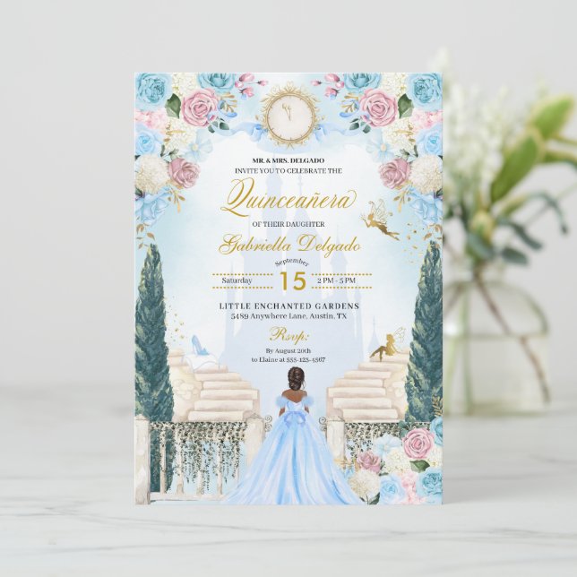 Invitation Cendrillon rose et bleu Princesse Fairy Quinceaner (Debout devant)