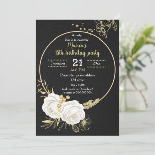 Invitation cercle floral blanc et or noir