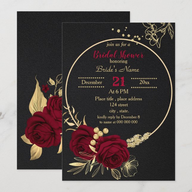 Invitation cercle floral or bordeaux noir douche nuptiale en (Devant / Derrière)