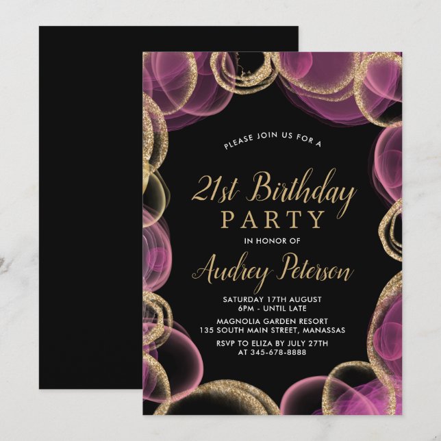 Invitation Cercle rose et or moderne Noir 21e anniversaire (Devant / Derrière)