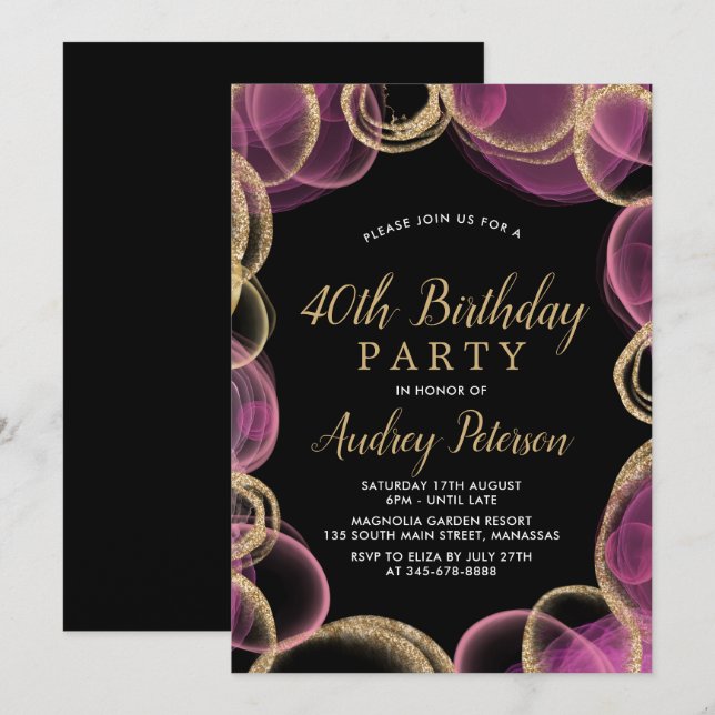 Invitation Cercle rose et or moderne Noir 40e anniversaire (Devant / Derrière)
