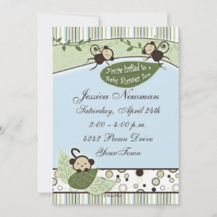 Invitation Cercles, bandes, Feuilles et singes Baby shower