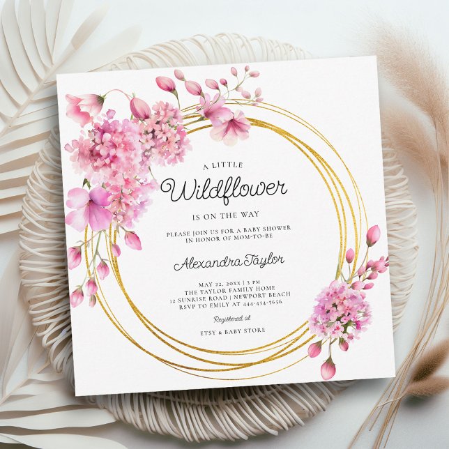 Invitation Cercles d'or fleur sauvage Géométrique Baby Girl D (little wildflower baby girl shower invitation cottage garden watercolor pink gold circles boho chic )