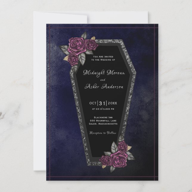Invitation Cercueils Roses Étincelantes Bleu Nuit Mariage Hal (Devant)