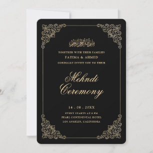 Invitation Cérémonie Antique Baroque Mehndi Noir Or Script
