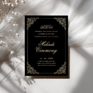 Invitation Cérémonie Antique Baroque Mehndi Noir Script Or