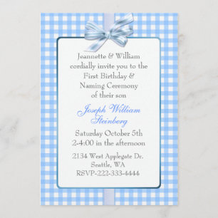 Invitation Cérémonie d'anniversaire du bébé Blue En vichy et 