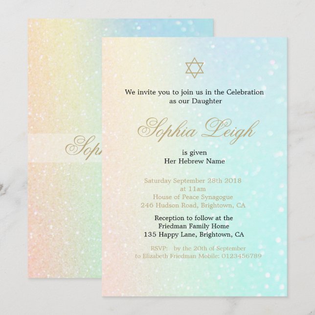 Invitation Cérémonie de baptême de bébé Hébreu Fille rose Par (Devant / Derrière)