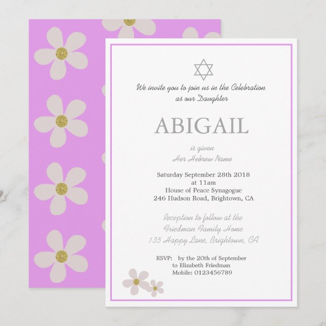 Invitation Cérémonie de baptême de la petite fille Floral héb (Devant / Derrière)