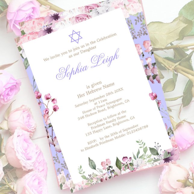 Invitation Cérémonie de baptême Fille hébraïque Floral Purple (Créateur téléchargé)