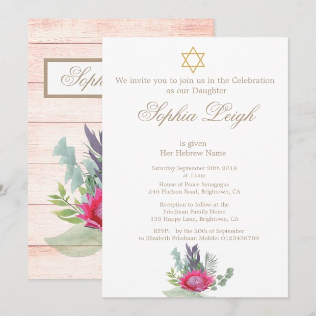 Invitation Cérémonie de baptême Hébreu Floral Rustic Girl (Devant / Derrière)
