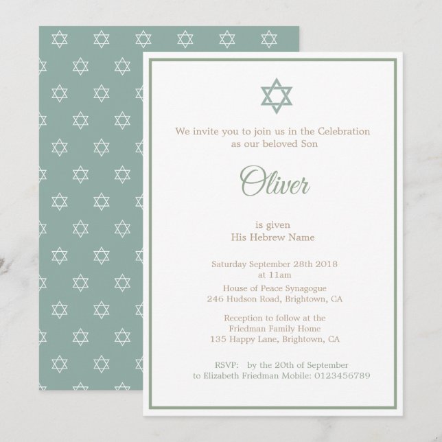 Invitation Cérémonie de baptême Hébreu Garçon Green Invitatio (Devant / Derrière)