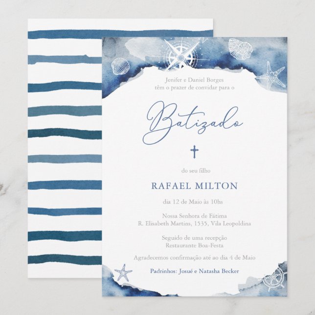 Invitation Cérémonie de baptême pour garçon dans la marine po (Devant / Derrière)