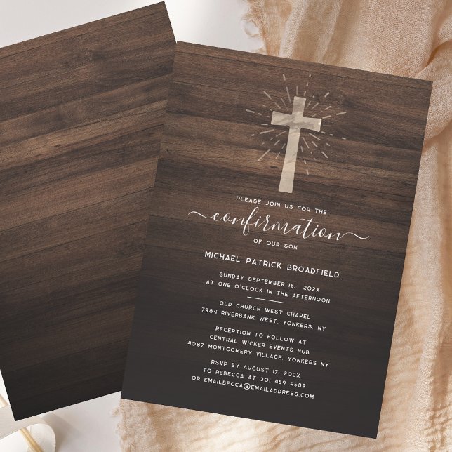 Invitation Cérémonie de confirmation simple rustique Croix de (Rustic Simple Confirmation Ceremony Church Cross Invitation)
