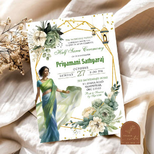 Invitation Cérémonie de demi-sari floral vert sauge en Inde