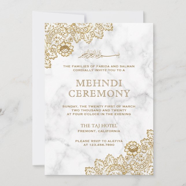Invitation Cérémonie de la dentelle d'or Marbre blanc islamiq (Devant)