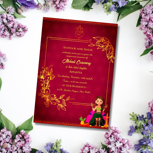 Invitation Cérémonie de la mariée indienne Mehndi Elément d'o (Créateur téléchargé)