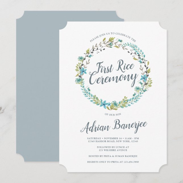 Invitation Cérémonie de la première couronne de riz bleu vert (Devant / Derrière)