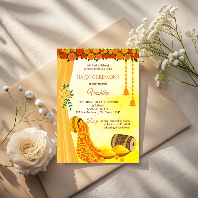Invitation Cérémonie de l'haldi mariage indien (Indian wedding haldi ceremony invitation cards template yellow marigolds haldi invitations)
