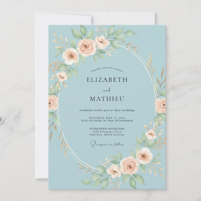 Invitation Cérémonie de mariage ovale florale bleu ciel (Devant)