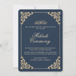 Invitation Cérémonie de Mehndi Henna Bleu Marine Baroque Vint