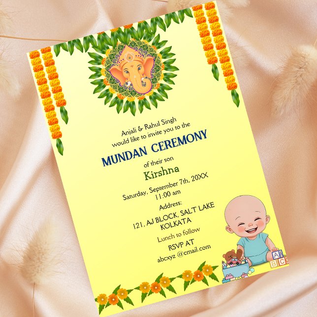 Invitation Cérémonie de Mundan Logo Ganesha Minimal Floral (Créateur téléchargé)