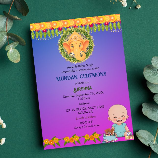 Invitation Cérémonie de Mundan Logo Ganesha Minimal Floral (Créateur téléchargé)