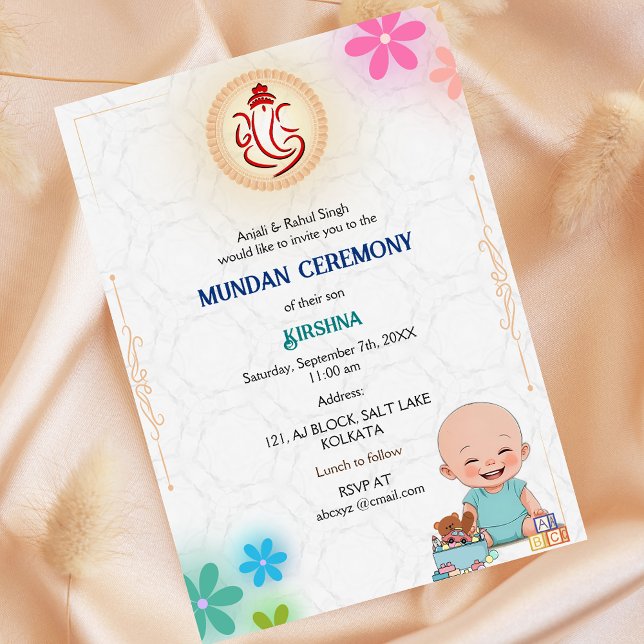 Invitation Cérémonie de Mundan Logo Ganesha Minimal Floral (Créateur téléchargé)