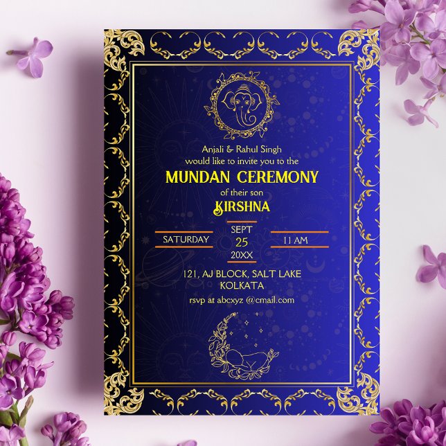 Invitation Cérémonie de Mundan logo Ganesha Royal Golden & Bl (Créateur téléchargé)