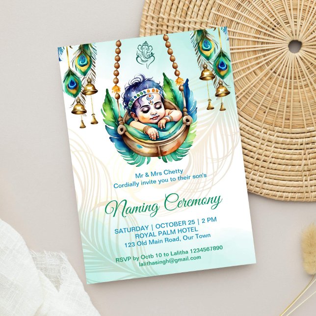 Invitation Cérémonie de Namkaran de nommage de bébé Krishna b (Baby Krishna naming ceremony namkarana cradle ceremony editable template invitation digital download)