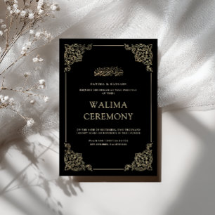 Invitation Cérémonie de Walima noire à l'écriture dorée baroq
