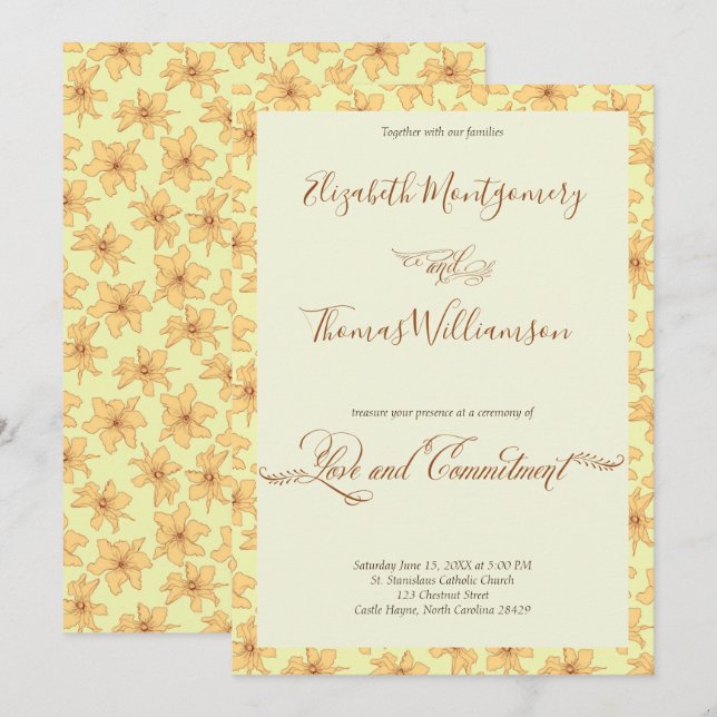 Invitation Cérémonie d'engagement floral jaune doux (Devant / Derrière)