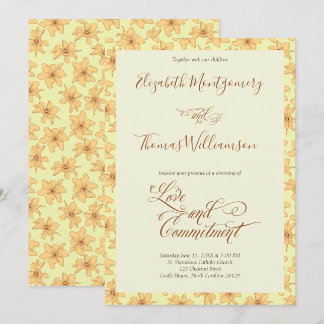 Invitation Cérémonie d'engagement floral jaune doux Invitatio (Devant / Derrière)