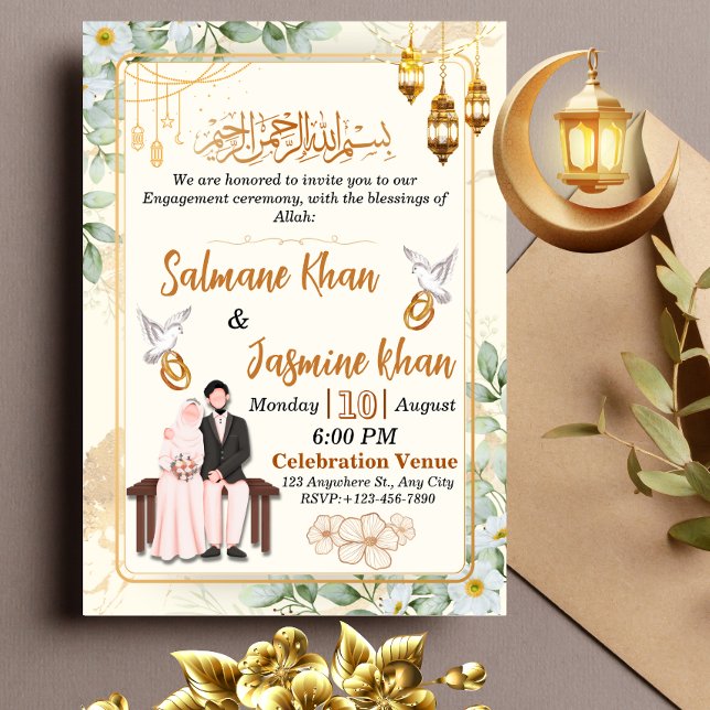 Invitation Cérémonie d'engagement islamique en or floral blan (Créateur téléchargé)