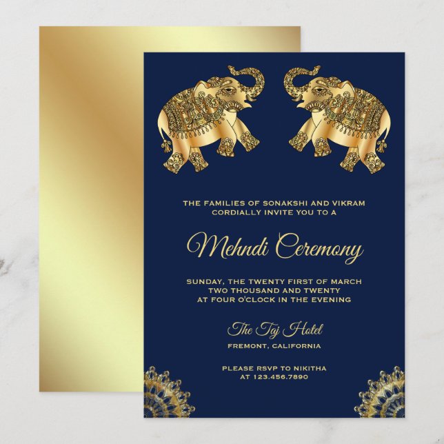 Invitation Cérémonie des éléphants Blue Gold Indian Henna Meh (Devant / Derrière)