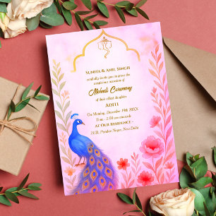 Invitation Cérémonie du Mehndi de la Mariée Indienne Paon Flo