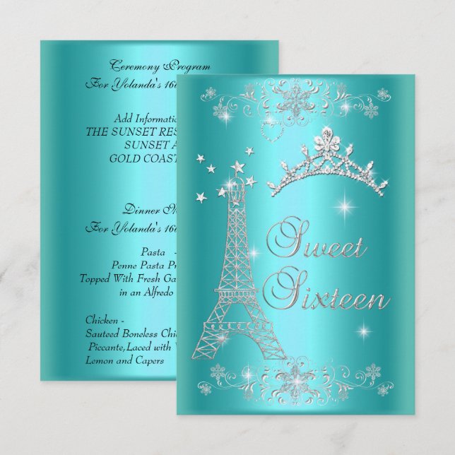 Invitation Cérémonie et dîner Menu Sweet 16 bleu Turquoise (Devant / Derrière)