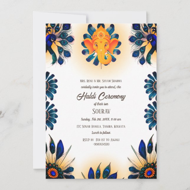 Invitation Cérémonie Haldi du marié hindou indien thème paon (Devant)