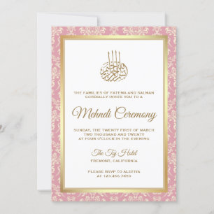Invitation Cérémonie islamique Mehndi en Damassé Or et Rose P