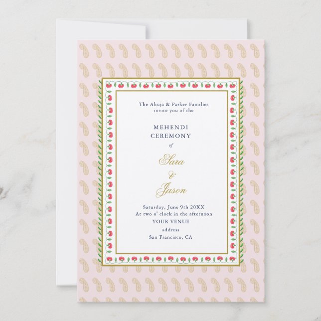 Invitation Cérémonie Mehendi Rose & Or Indien (Devant)