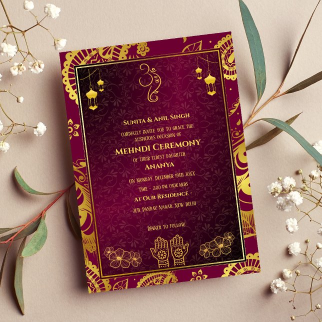 Invitation Cérémonie Mehndi de la Mariée Indienne Design Doré (Créateur téléchargé)