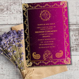 Invitation Cérémonie Mehndi de la Mariée Indienne Dessin Doré