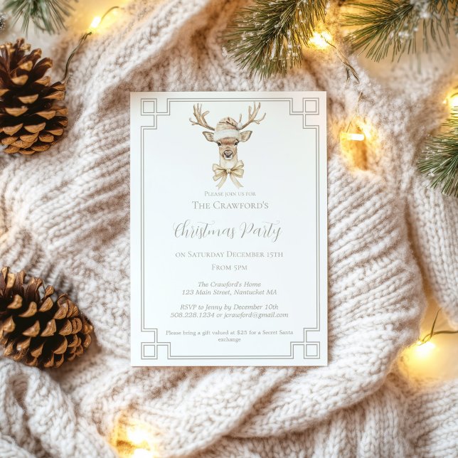 Invitation Cerf avec Santa Hat Rustique Pays Noël (Deer with Santa Hat Country Christmas Invitation)