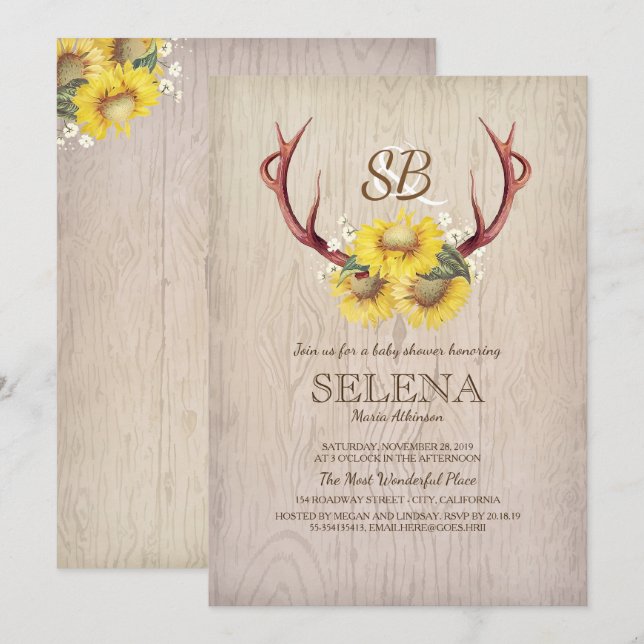Invitation Cerf Bois et Tournesols Fête Prénatale Rustique (Devant / Derrière)